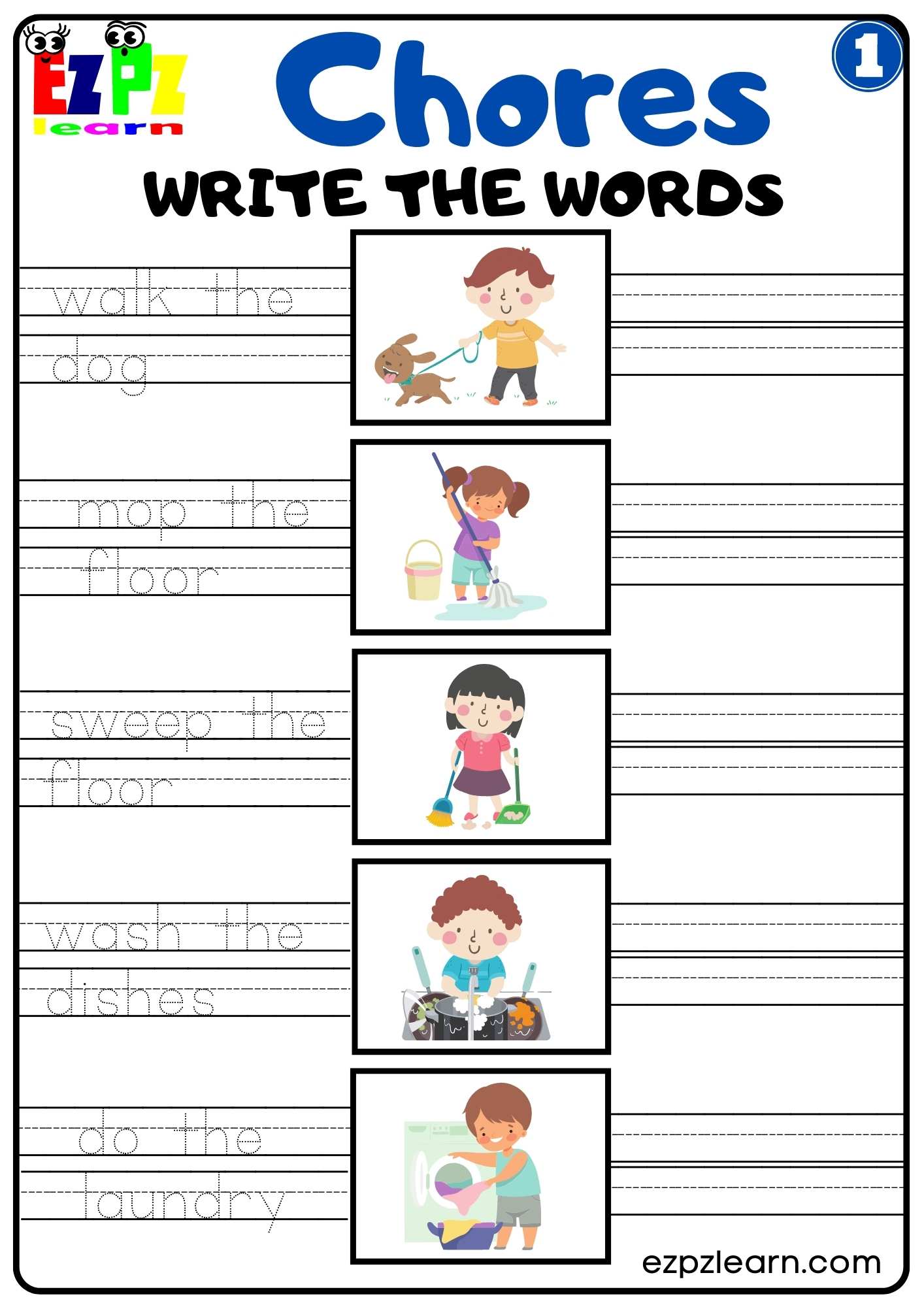 Household Chores Vocabulary Write The Words Worksheet For Kids Group 1